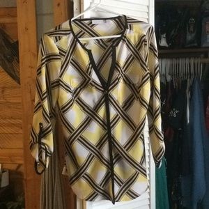 Yellow, tan and black blouse